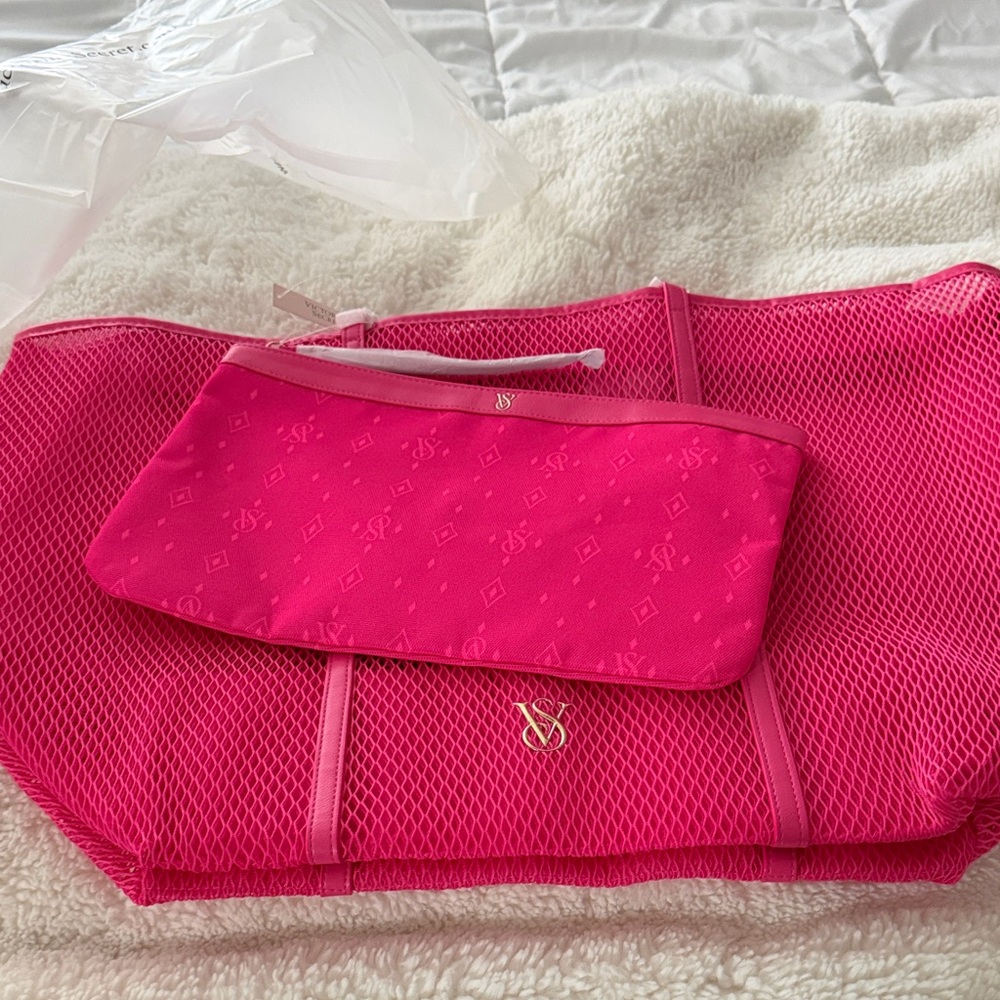Victoria's Secret Bright Pink Mesh Tote with Matching Pouch